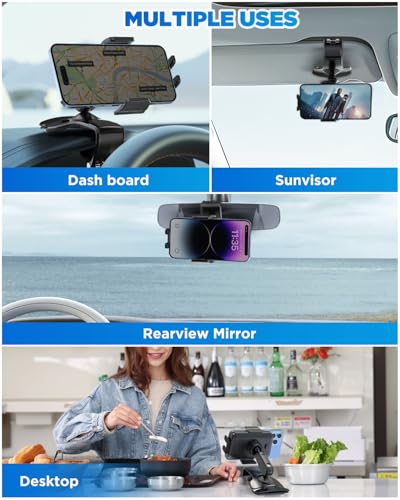 IPOW Car Dashboard Phone Clip Holder, 360 Degrees Rotation Dash Steering Wheel Phone Clamp Mount Compatible with iPhone 15 14 13 Pro Max and 4-7 Inch Smartphones (NOT Universal - Please Check)