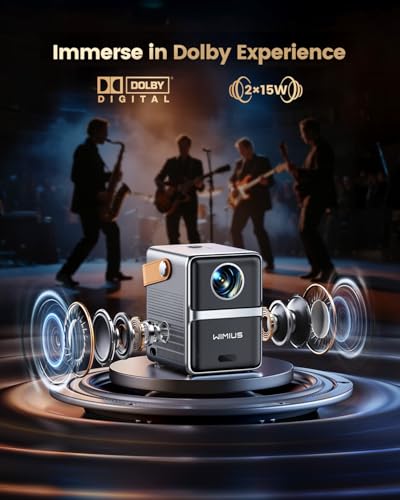 Smart Mini Projector with WiFi and Bluetooth【Compatible with Netflix/Portable/4K Supported】Dolby Audio,Auto Keystone & Electric Focus Outdoor Movie Projectors,WiMiUS Native 1080P HD Proyector