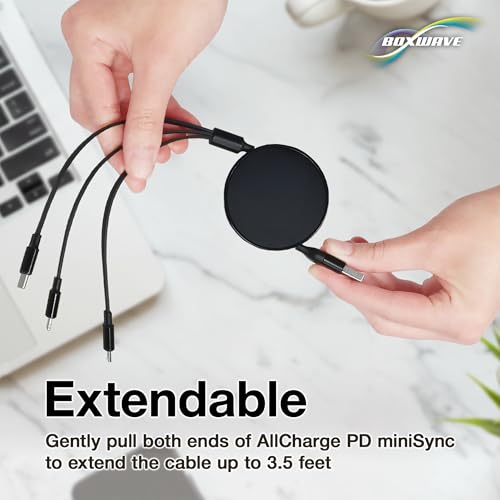 BoxWave Cable Compatible with Blackview Active 8 Pro - AllCharge PD miniSync (100W), Retractable High-Speed Charging Portable USB Cable - Jet Black