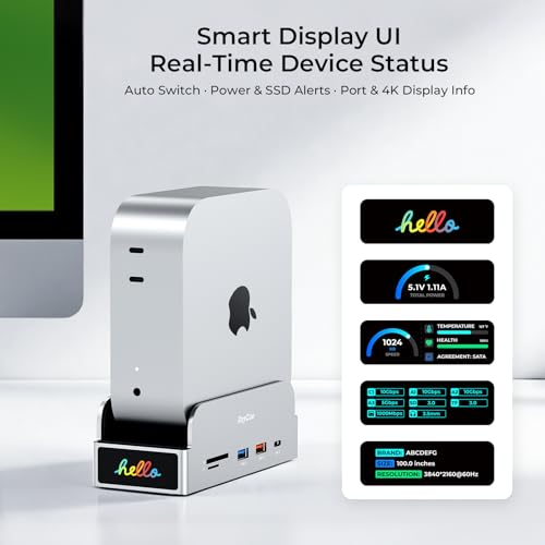 RayCue SmartDock Pro for Mac mini M6, M5 Pro, M4 Dock Stand with M.2 NVMe SSD Enclosure, 4K 60Hz HDMI, 10Gbps USB-C/A, Gigabit Ethernet, SD/TF Card Readers – Space-Saving Vertical Hub
