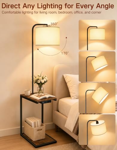 Floor Lamp with Table & Remote, C Shaped Side Table with Charging Station(USB & Type-C & AC Port), Dimmable End Table with 3 Color Temperatures, 12W LED Bulb, for Living Room Bedroom
