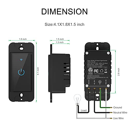 Lesim Smart Switch 2.4GHz WiFi Light Switch 2Pack Compatible with Alexa and Google Home, Single Pole, Needs Neutral Wire (Black), B602-2Gang
