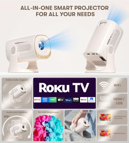 Miroir Roku TV Smart Projector with WiFi and Bluetooth, 150 ANSI, Dolby Audio, 270° Rotatable Stand, Auto Keystone & Zoom — Portable Mini Outdoor Movie Projector with Roku Streaming Built-in