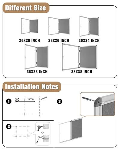 Mifuro 28"x26" Enclosed Bulletin Board, Lockable Weather-Resistant Aluminum Cork Noticeboard for School & Office, Silver Frame w/Grey Flet