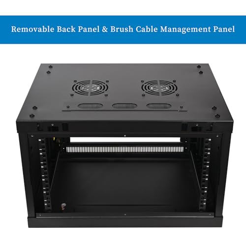 RackPath 6U Professional Wall Mount Server Cabinet Network Rack Enclosure with 2X Quiet Cooling Fan, 1x Brush Cable Management Panel, Black