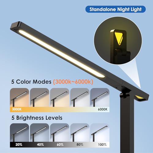 Infiway Desk Lamp with USB Charging Port: LED Stepless Dimmable Eye Caring Desk Light for Home Office - 1 Type-C, 1 USB-A Charging Port, 2 AC Power Outlets, Multiple Light Modes for Study and Bedroom