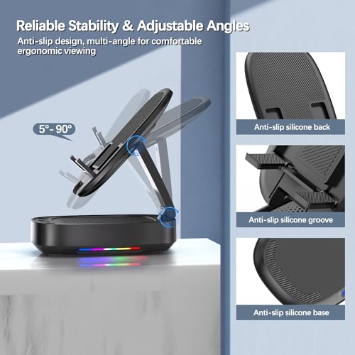 Cell Phone Stand with Wireless Bluetooth Speaker, Unique Gifts for Men/Women, Adjustable Phone Holder with 5 LED Light Modes, Anti-Slip Base HD Surround Sound, Phone Speaker Amplifier for iPhone/iPad