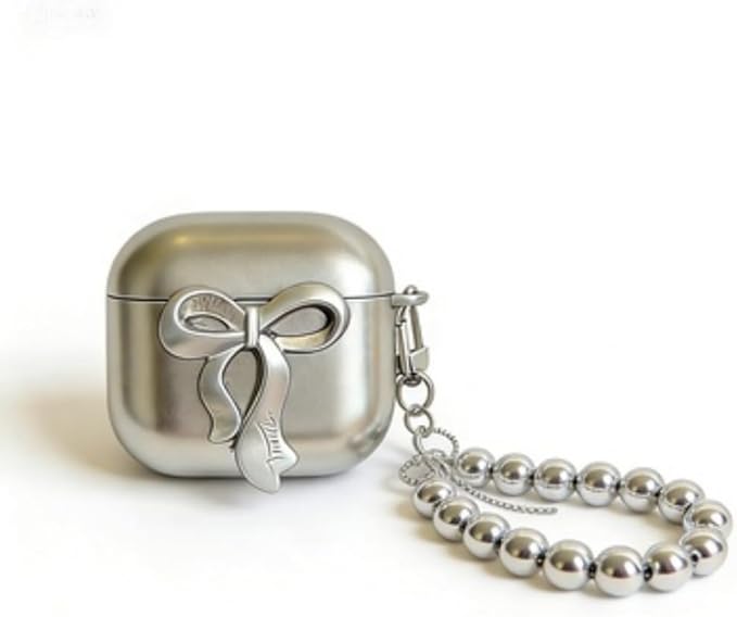 for AirPods Pro 3 Case 2025, Protective Hard Skin Cases Cover for Kawaii Girly Cute Silver Bow Airpods Pro 3rd Case for Air pod Pro 3 Cover with Keychain for Airpods Pro 3 Gen for Women Girls