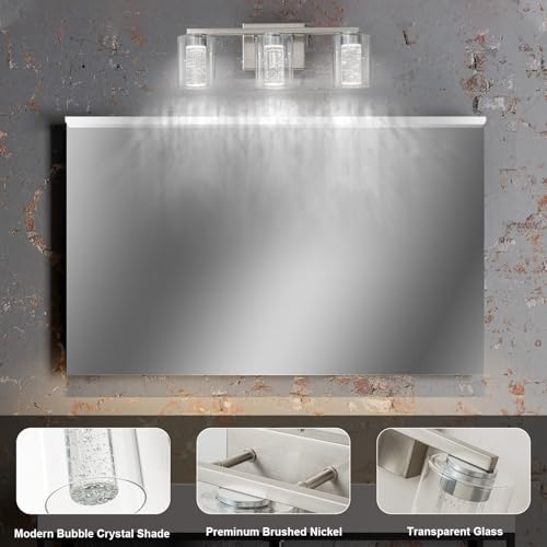 SineRise 3-Light Brushed Nickel Vanity Light with 3 Color Modes (3000K/4000K/6000K), Eye Protection LED Bathroom Light Fixture, Dimmable Modern Wall Light Over Mirror with Clear Glass Shade