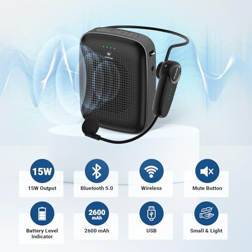 15W Wireless Voice Amplifier with Bluetooth Headset Microphone for Teachers