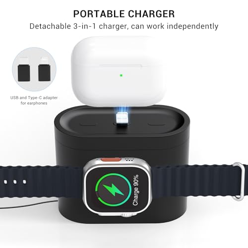 7 in 1 Charging Station for iPhone, Wireless Charging Station, Alarm Clock, Night Light, Wireless Charger for iPhone 17 16 15 14 13 12 Pro Max & Apple Watch - Charging Stand Dock for AirPods(Black)