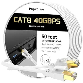 Cat 8 Ethernet Cable 50 ft, 40Gbps 2000MHz RJ45 Flat Network LAN Cable