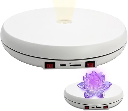 JAYEGT Motorized Rotating Display Stand with LED Light , 10 inch /55lbs Load, 360° Electronic Turntable Display Stand for Photography Products Shows, Jewelry, Watch (White / White Light / Wired)