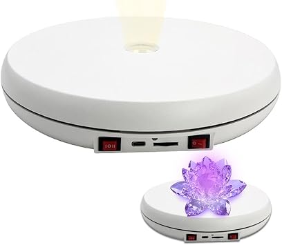 JAYEGT Motorized Rotating Display Stand with LED Light , 10 inch /55lbs Load, 360° Electronic Turntable Display Stand for Photography Products Shows, Jewelry, Watch (White / White Light / Wired)