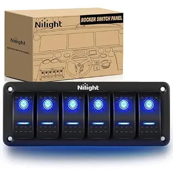 Nilight-90111F 6 Gang Aluminum Rocker Switch Panel Toggle Dash 5 Pin ON/Off Pre-Wired Rocker Switch Blue Backlit Switch for Automotive Car Marine Boat RV,2 Years Warranty