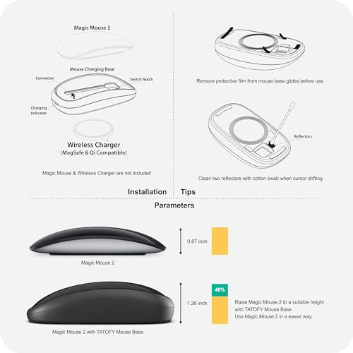 TATOFY Mouse Charger Compatible with Magic Mouse 2 (Lighting) Grip with Wireless Charging Support, Ergonomic Base (Black)