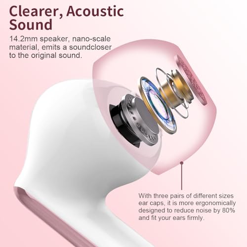 Wireless Earbuds, Bluetooth 5.4 Headphones Bass Stereo/ENC Mic, Pink Gold