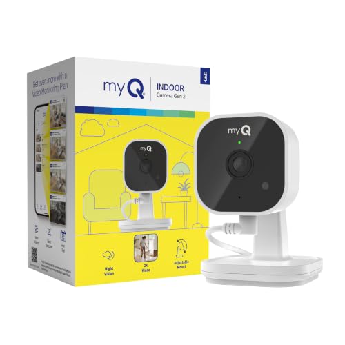 myQ Indoor Plug-in Security Camera Gen 2 – 2K Smart Wi-Fi Camera with Night Vision, Baby and Pet Monitor, Motion Detection and Alerts, 2-Way Audio & App Control