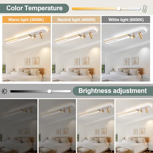 EIDISUNY Modern LED Ceiling Light Remote Control, 39.3in Linear Ceiling Light with 2 Adjustable Spotlights 65W, Dimmable 3CCT, Gold Long Ceiling Light Fixture for Bedroom Kitchen Living Room