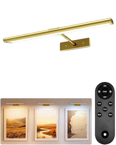 EZVALO Picture Light for Wall, 4800mAh Rechargeable Wireless Remote, 16‘’ Dimmable Magnetic LED Art Display Light with 3 Color Temperatures, for Gallery, Living Room, Bedroom, Hallway (Gold)