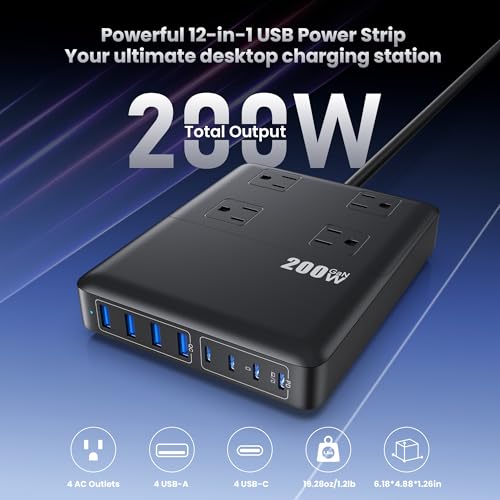 200W Charging Station,12-in-1 USB C Power Strip with Flat Plug and 5ft Extension Cord,4 AC Outlets,4 USB-A,4 USB-C Ports for iPhone 17/16/15,65W PD Fast Laptop Charger for MacBook, Home, Office, Dorm - Image 5