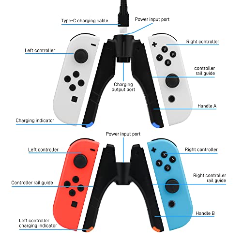 GLDRAM 4 in 1 Joypads Charger Grip for Nintendo Switch & Switch OLED Accessories, Switch Controller Charging Dock Converts to Grip, Charger Dock Stand with LED Indicator and Charging Cable