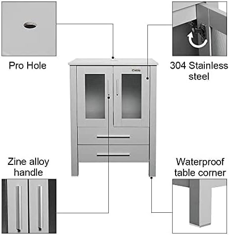 eclife 36" Modern Bathroom Vanity Sink Combo Freestanding Cabinet with Small Side Cabinet, White Rectangle Ceramic Vessel Sink, Water Save Faucet, Drain (Gray+T03)