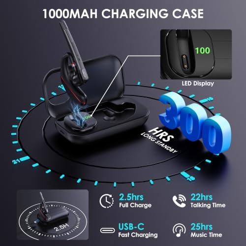 EKVANBEL Bluetooth Headset V5.3, Wireless Earpiece with 1000mAh Charging Case, 96H Talktime, Hands Free Noise Canceling Headphones with Dual-Mic for Computer Cell Phones Trucker Home Work