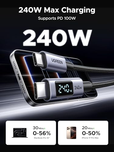 UGREEN 240W USB C Cable with Digital Display, PD 100W Fast Charging, 3.3ft