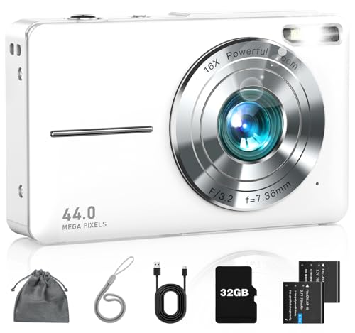 Digital Camera FHD 1080P Point and Shoot Camera with 32GB Card, Pearl White