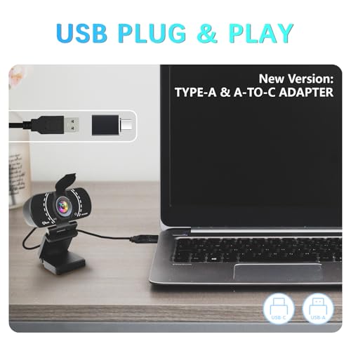 Akyta 1080P PC Webcam, Plug and Play USB C Camera with Microphone/Privacy Cover/Stand/Adapter & Wide Angle 110°, Web Camera for Desktop Computer PC Mac Video Calling/Zoom Conference