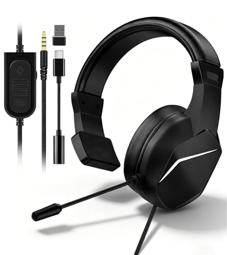 Wired One Ear Headset with Mic for PS5/PS4/Xbox/Switch/Mac/Laptop/PC, USB+Type-C+3.5mm Jack 3in 1 Single Ear Headphone with Microphone/Volume Control for Gaming Office Business Work Team Meetings Chat