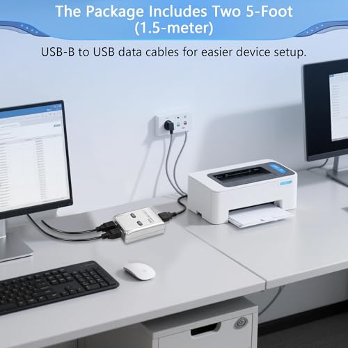 CERRXIAN USB2.0 Manual Printer Sharer Switcher,2 in 1 Out Printer Sharing Device Adapter,2-Port USB B Print Switch Hub Converter,with 2 USB Printer Cables (5ft/1.5M),for Printer Scanner