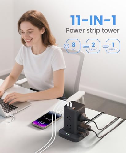 Power Strip Tower with Surge Protector 1800J, Fast Charging Tower PD20W USB-C Ports with 8 AC Outlets, Extension Cord for Home Office Dorm Room, Black, 5FT