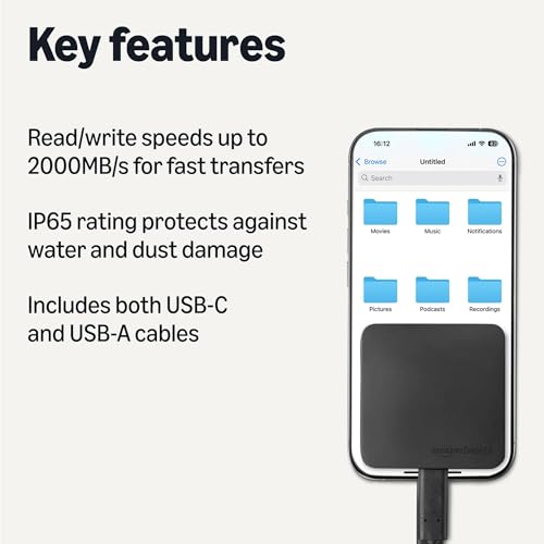 Amazon Basics Portable External SSD, 2TB, 2000MB/s Speeds, USB 3.2 Gen 2, IP65 Water & Dust Resistant, Black