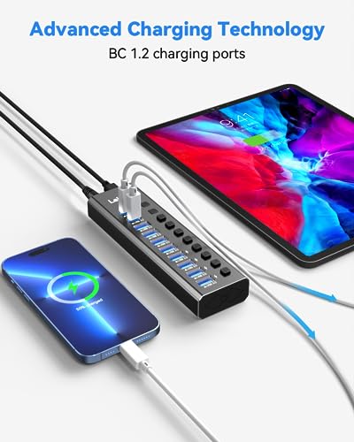 Powered USB Hub 3.2, LEINSIS 10-Port USB 3.2/USB C Hub (10Gbps USB-A 3.2 +2 USB-C 3.2 +7 USB 3.0 Ports) with Individual On/Off Switches and 12V Power Adapter, Aluminum USB Hub Powe - Image 7