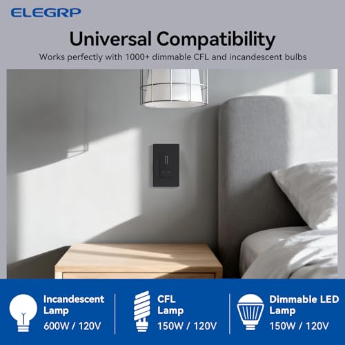ELEGRP Slide Dimmer Light Switch, Universal Dimmable LED Lighting Control, Single Pole or 3 Way Dimmer Switches for Led Lights, Wall Plate Included, UL Listed, 2 Pack, Matte Black