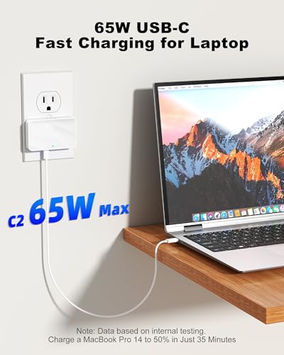 65W USB Wall Charger Block, 4-Port Thin GaN Flat USB C Wall Plug for Home Office & Travel, Fast Charging Brick Adapter for iPhone 17/16 Series, MacBook Pro/Air and More - Image 3