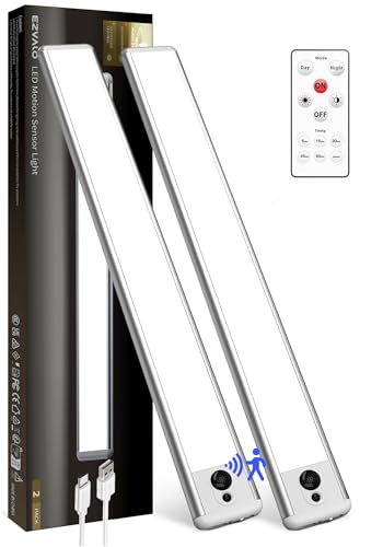 EZVALO 2 Pack Under Cabinet Lights, 14.5'' Magnetic Motion Sensor Light, 4000mAh Large Capacity Rechargeable Closet Light, Remote Control Dimmable 5700K Cool White for Kitchen, Stairs, Hallway