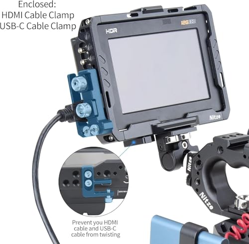 Monitor Cage for Blackmagic Video Assist 5" 12G / 3G, Nitze Cage with HDMI and USB-C Cable Clamps