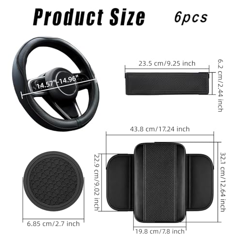 6 PCS Car Accessories Set, 14.5-15 Inch Car Steering Wheel Cover, Armrest Cover, Seat Belt Cushion, Cup Coaster, Interior Auto Accessories for Men Women, Fit for Most Vehicles (Black)