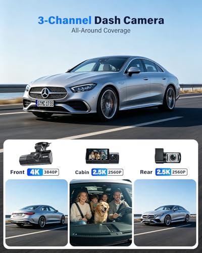 3 Channel Dash Cam, 4K+2.5K+2.5K, WiFi GPS, for Rideshare and Taxi