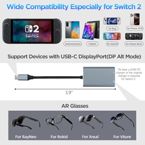 HiBloks USB-C AR Hub and Charging Adapter for Switch 2 and AR Glasses