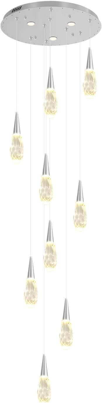 H98 Modern Chandelier for Stairway 9-Lights Crystal Raindrop Chandelier Chrome Pendant Light for Staircase Living Room Entryway LED Dimmable High Ceiling Chandeliers with Remote