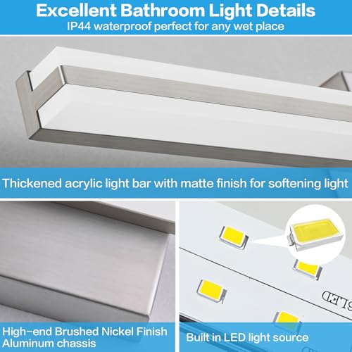 SOLFART Vanity Lights for Bathroom Brushed Nickel Dimmable Bathroom Lighting Over Mirror 24 Inch LED Wall Lights S8200-610mm-NK-D