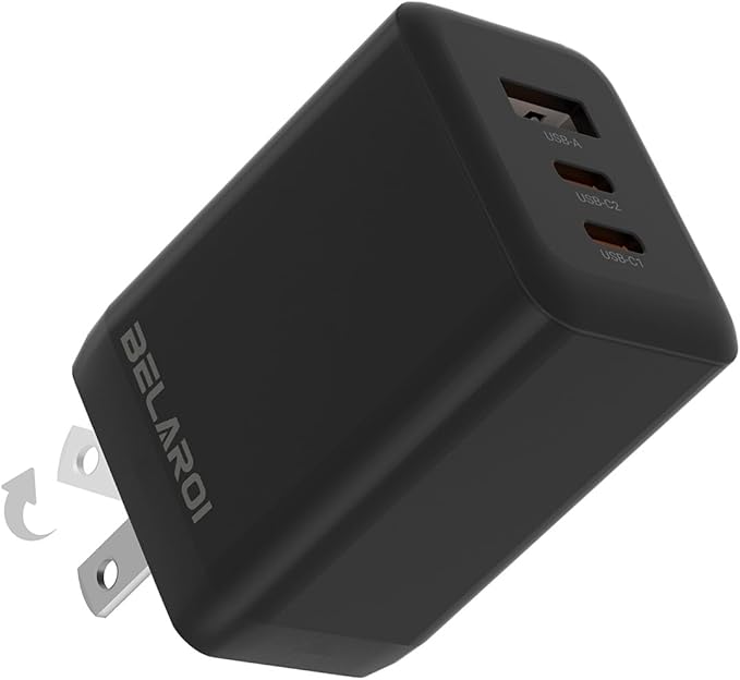BELAROI 65W USB C Wall Charger Block, PD 3.1,3-Port GaN Fast Charger, 65W Foldable High Power Fast Charging Brick, for iPhone,iPad and MacBook Pro/Air,Samsung Galaxy (Black)