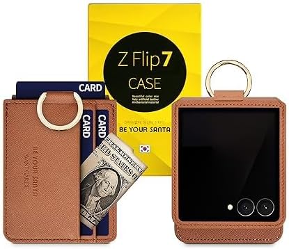 [BeYourSanta] Galaxy Z Flip 7 Case with Ring - Avant-Garde Handmade Saffiano Vegan Leather Case, Anti-Scratch Hinge Protection, Made in Korea (3 Pockets, Saddle Brown)