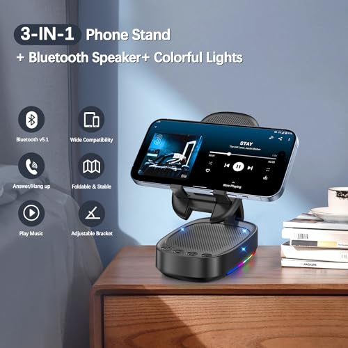 Cell Phone Stand with Wireless Bluetooth Speaker, Unique Gifts for Men/Women, Adjustable Phone Holder with 5 LED Light Modes, Anti-Slip Base HD Surround Sound, Phone Speaker Amplifier for iPhone/iPad