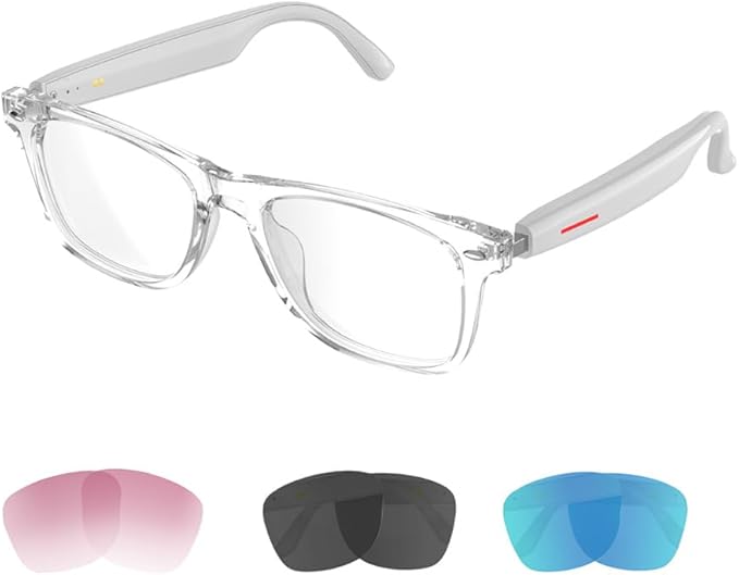 IVY TWS Smart Bluetooth Audio Glasses - Glesses Lens Kits (Blue Light Blocking & Sunglasses & Pink & Blue) for Office Outdoor Sports Drive - Smart Glasses for Men & Women - White Frame