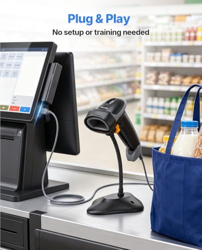 Eyoyo Handheld USB Wired 2D Barcode Scanner with Gooseneck Stand for POS